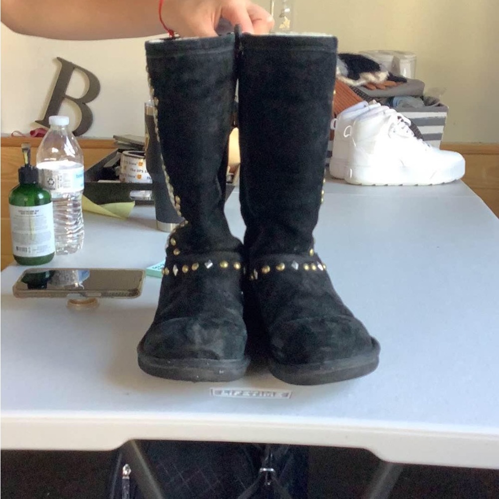 Black Womens US Size 7 UGG Boots with Embedded Silver and Gold Jewel Design